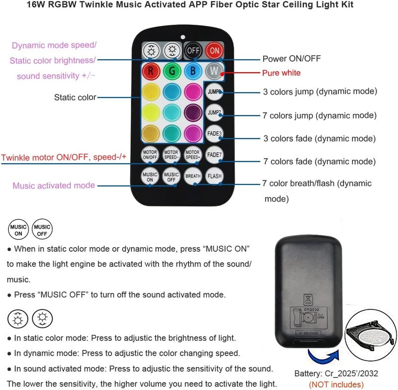 AKEPO 16W Small Size RGBW Twinkle Fiber Optic Lights kit, 200pcs 0.03in 9.8ft/3m Optical Fiber + APP Control+ Music Activated Starlight Headliner Kit for Car/Star Ceiling Light for Home - Image 2